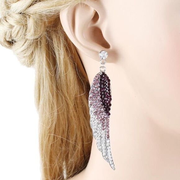 Silver with Amethyst and Pink Sapphire Austrian Crystal Angel Wing Post Earrings - Picture 3 of 4